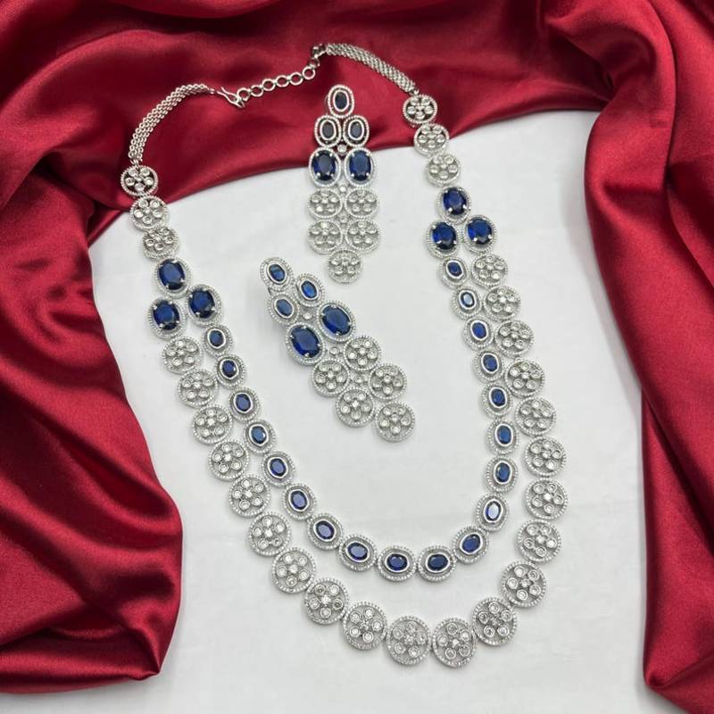 royal blue sapphire bridal jewellery set, layered statement necklace earrings, indian wedding haram