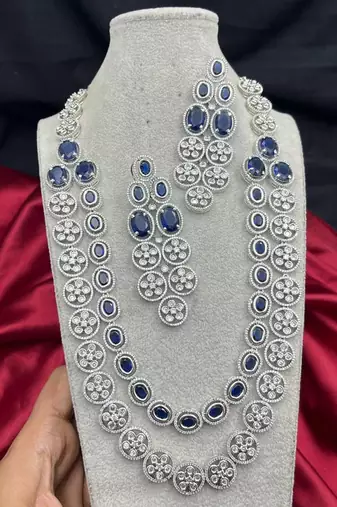 royal blue sapphire bridal jewellery set, layered statement necklace earrings, indian wedding haram