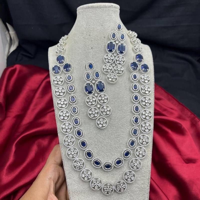 royal blue sapphire bridal jewellery set, layered statement necklace earrings, indian wedding haram