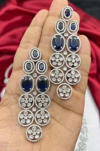 royal blue sapphire bridal jewellery set, layered statement necklace earrings, indian wedding haram