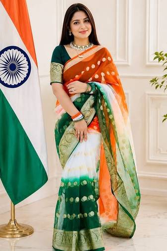 White orange green color printed with jacquard border saree -un stitched blouse