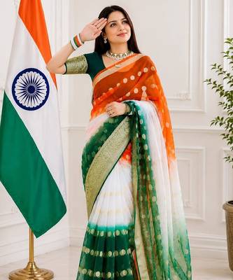 White orange green color printed with jacquard border saree -un stitched blouse 2