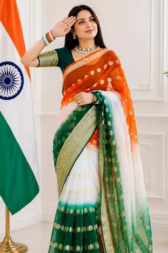 White orange green color printed with jacquard border saree -un stitched blouse