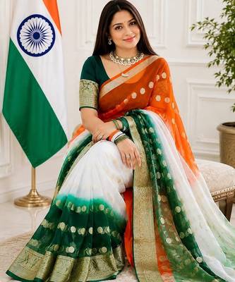 White orange green color printed with jacquard border saree -un stitched blouse 3