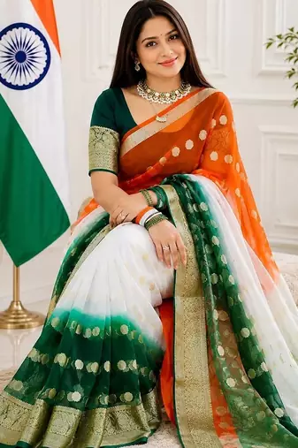 White orange green color printed with jacquard border saree -un stitched blouse