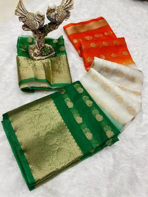 White orange green color printed with jacquard border saree -un stitched blouse 4