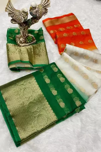 White orange green color printed with jacquard border saree -un stitched blouse