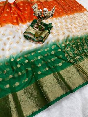 White orange green color printed with jacquard border saree -un stitched blouse 5