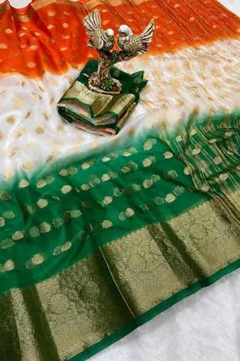 White orange green color printed with jacquard border saree -un stitched blouse