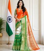 White orange green color printed with jacquard border saree -un stitched blouse