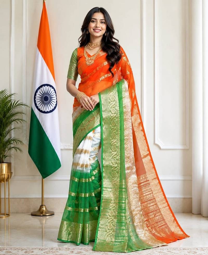 White orange green color printed with jacquard border saree -un stitched blouse