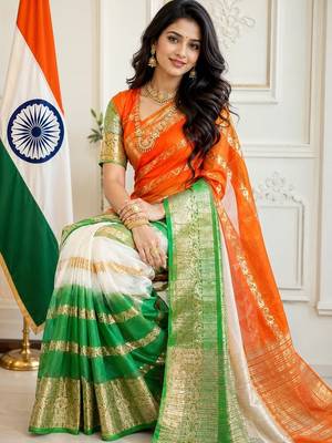 White orange green color printed with jacquard border saree -un stitched blouse 2