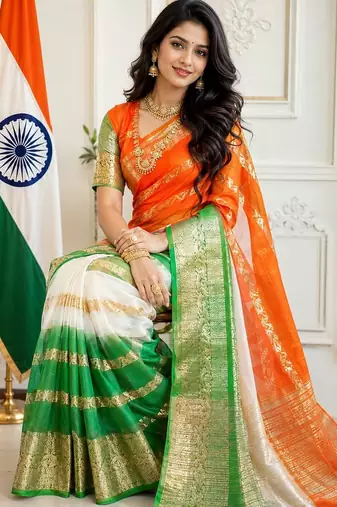 White orange green color printed with jacquard border saree -un stitched blouse