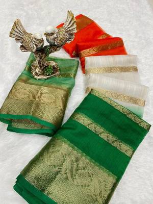 White orange green color printed with jacquard border saree -un stitched blouse 3