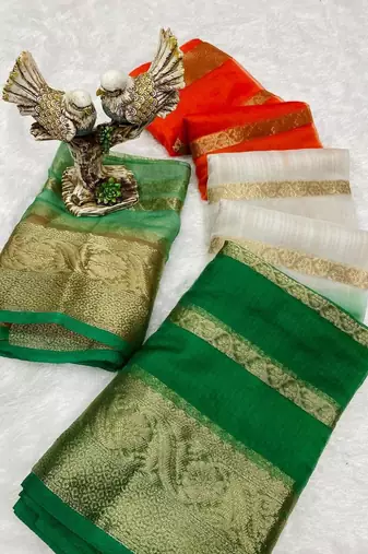 White orange green color printed with jacquard border saree -un stitched blouse