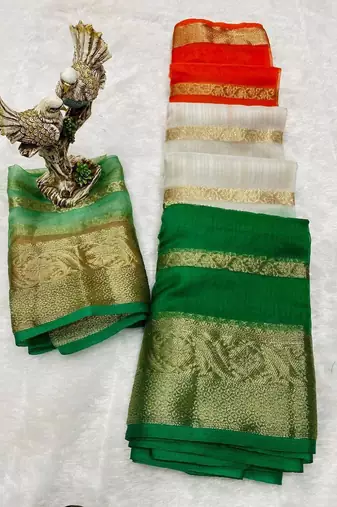 White orange green color printed with jacquard border saree -un stitched blouse