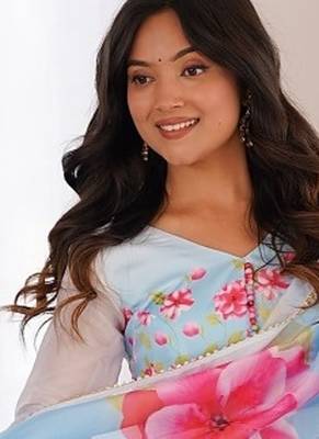 Sky blue color flower printed oregenza flared gown style anarkali set full stitched. 4