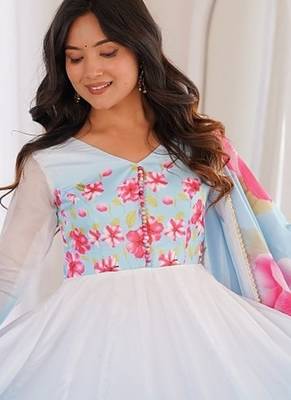Sky blue color flower printed oregenza flared gown style anarkali set full stitched. 5