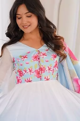 Sky blue color flower printed oregenza flared gown style anarkali set full stitched.