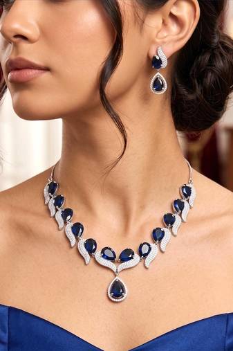 royal blue sapphire teardrop necklace earrings set, silver bridal jewellery