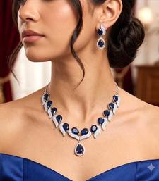 royal blue sapphire teardrop necklace earrings set, silver bridal jewellery