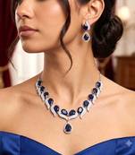 royal blue sapphire teardrop necklace earrings set, silver bridal jewellery