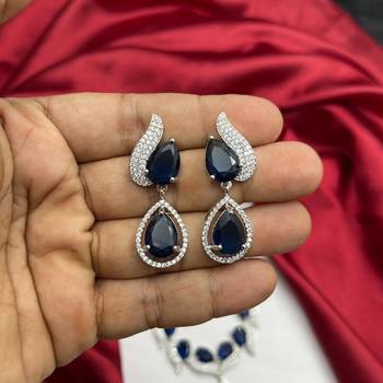 royal blue sapphire teardrop necklace earrings set, silver bridal jewellery 2