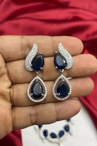 royal blue sapphire teardrop necklace earrings set, silver bridal jewellery