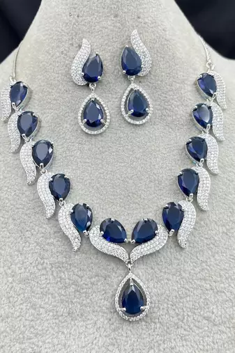 royal blue sapphire teardrop necklace earrings set, silver bridal jewellery