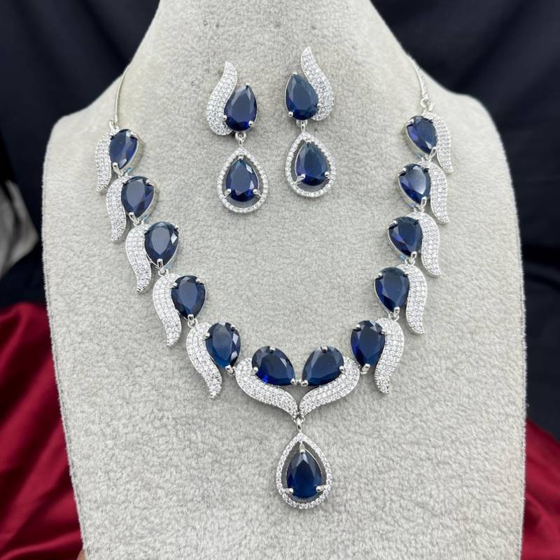 royal blue sapphire teardrop necklace earrings set, silver bridal jewellery