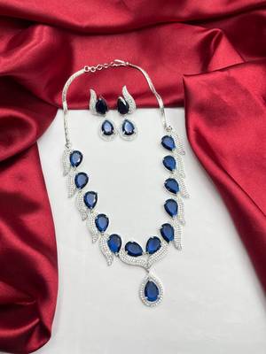 royal blue sapphire teardrop necklace earrings set, silver bridal jewellery 4