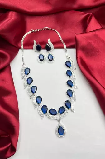 royal blue sapphire teardrop necklace earrings set, silver bridal jewellery