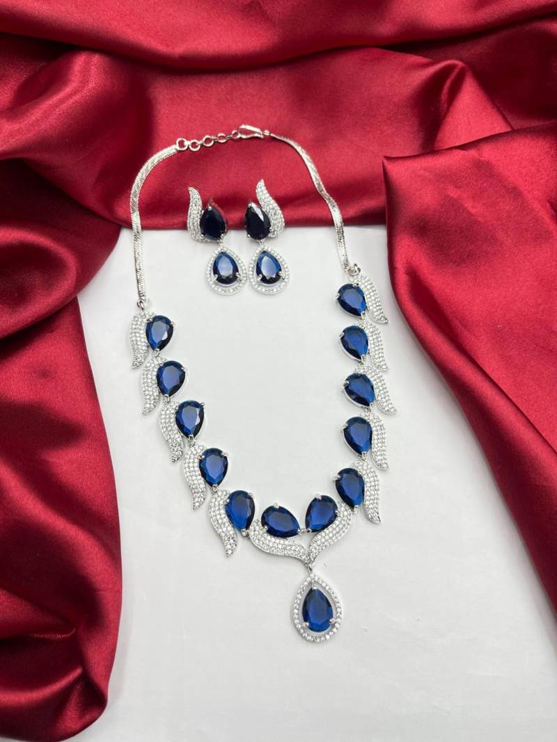 royal blue sapphire teardrop necklace earrings set, silver bridal jewellery