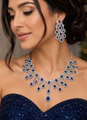royal blue sapphire marquise statement necklace and chandelier earrings set, silver bridal jewellery 1