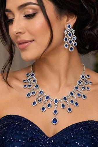 royal blue sapphire marquise statement necklace and chandelier earrings set, silver bridal jewellery