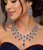 royal blue sapphire marquise statement necklace and chandelier earrings set, silver bridal jewellery