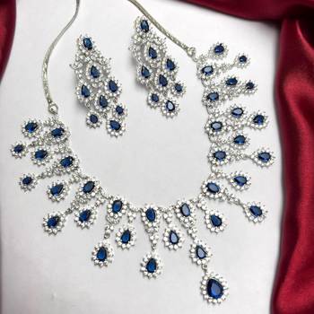 royal blue sapphire marquise statement necklace and chandelier earrings set, silver bridal jewellery 2