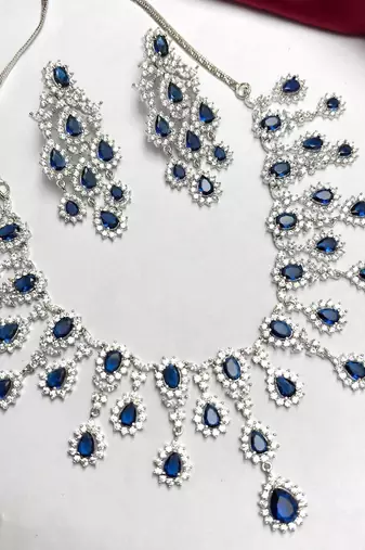 royal blue sapphire marquise statement necklace and chandelier earrings set, silver bridal jewellery