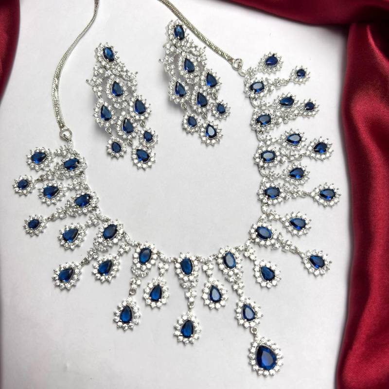 royal blue sapphire marquise statement necklace and chandelier earrings set, silver bridal jewellery