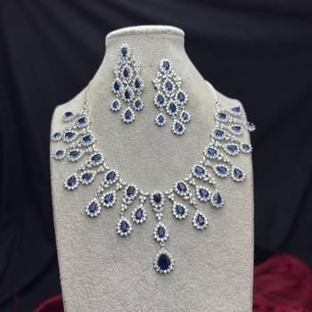 royal blue sapphire marquise statement necklace and chandelier earrings set, silver bridal jewellery 3