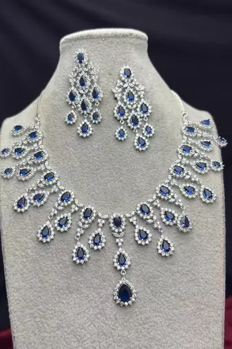 royal blue sapphire marquise statement necklace and chandelier earrings set, silver bridal jewellery