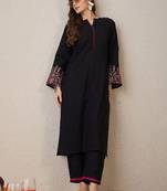 Mandarin Collar Flared Sleeves Thread Work Straight Kurta With Trouser