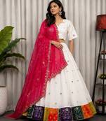White Embroidery Work Roman silk blend Navratri Lehenga Choli With Full Stitch Blouse And Dupatta-free size
