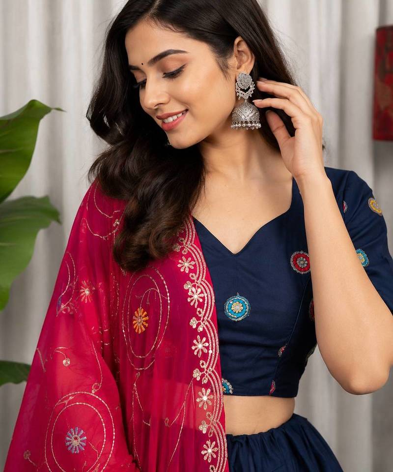 Navy Blue Embroidery  Roman silk blend Navratri Lehenga Choli With Full Stitch Blouse And Dupatta-free size
