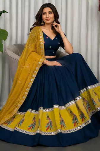 Navy Blue Embroidery Work Vichitra silk Navratri Lehenga Choli With Full Stitch Blouse And Dupatta