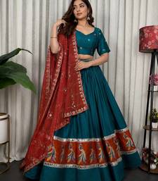 Morpich Embroidery sequin and Foil Mirror Work Vichitra silk Navratri Lehenga Choli With Full Stitch Blouse And Dupatta