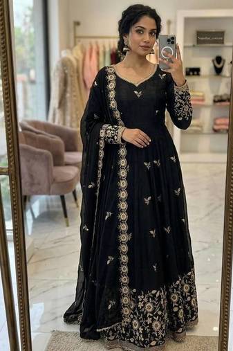 black color embroidery sequin work satin silk blend gown set
