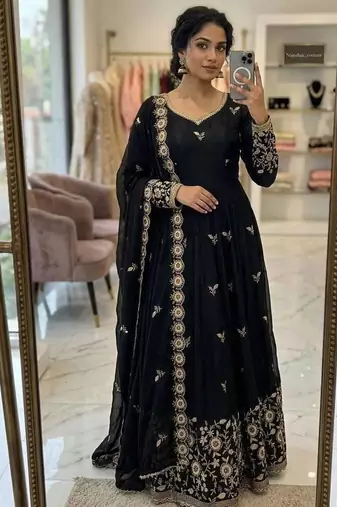 black color embroidery sequin work satin silk blend gown set