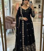 black color embroidery sequin work satin silk blend gown set
