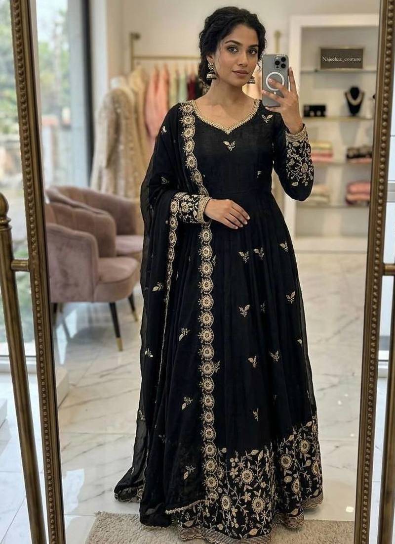 black color embroidery sequin work satin silk blend gown set